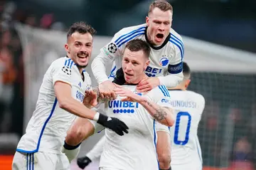 Lukas Lerager (C) celebrates his winning goal for Copenhagen against Galatasaray