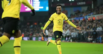 Callum Hudson-Odoi of Chelsea celebrates their 2nd goal, scored by teammate Romelu Lukaku against Aston Villa at Villa Park. (Photo by Simon Stacpoole/Offside/Offside via Getty Images)