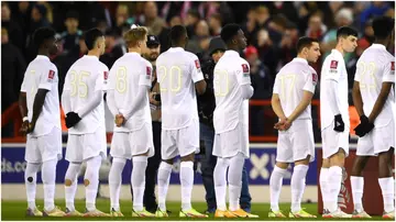 Arsenal players wear an all-white kit in support of the 'No More Red' outreach and anti-knife crime initiative to the Emirates FA Cup Third Round match at City Ground. Photo by Laurence Griffiths.