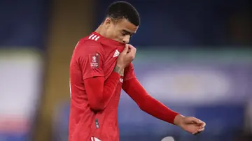 Mason Greenwood looking downcast during a previous match for Manchester United against Leicester City.