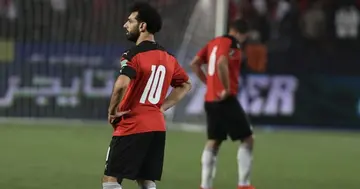 Mohamed Salah gestures during the FIFA World Cup African Qualifier match between Egypt and Senegal. Photo by Adam Haneen/Anadolu.