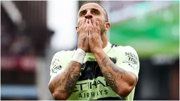 Kyle Walker looks dejected after a missed shot during the Premier League match between Aston Villa and Manchester City at Villa Park. Photo by Daniel Chesterton.