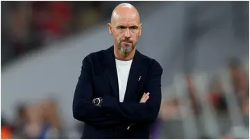 Erik ten Hag looks on during the UEFA Champions League match between FC Bayern München and Manchester United at Allianz Arena. Photo by Matthias Hangst.