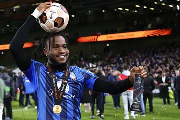 Ademola Lookman celebrates at the end of the 2023/2024 Europa League Final match between Atalanta and Bayer Leverkusen at Dublin Arena stadium on May 22nd, 2024. Photo: Cesare Purini.