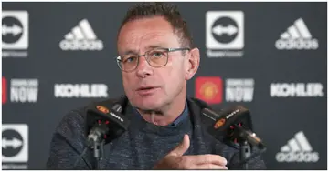 Interim Man United boss Ralf Rangnick speaks during a press conference at Carrington Training Ground. Photo by Tom Purslow.