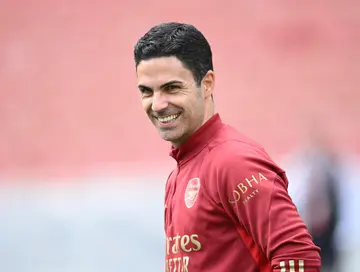 Arsenal manager Mikel Arteta looks excited during a training session at Emirates Stadium on May 15.