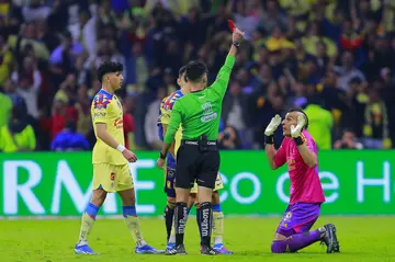 A referee shows a red card to a goalkeeper