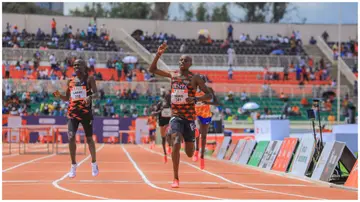 Kenya's Edwin Kipkemoi Seko wins the10000-metre men's race at the Kip Keino Classic. Photo: @AbsaKenya.