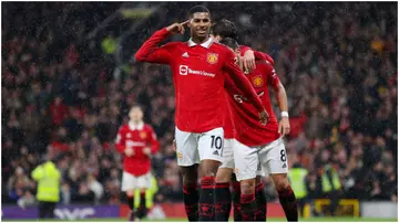 Marcus Rashford celebrates after scoring during the Premier League match between Manchester United and AFC Bournemouth at Old Trafford. Photo by Naomi Baker.