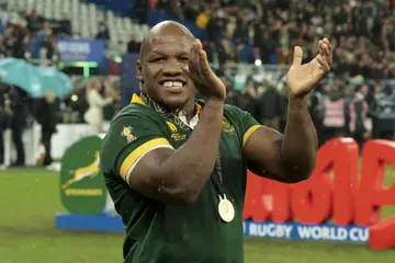 Bongi Mbonambi celebrates the victory with the supporters following the Rugby World Cup France 2023 Finals