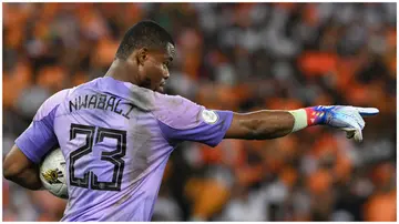 Nigeria's goalkeeper, Stanley Nwabali, gestures during the 2023 AFCON final vs Ivory Coast at the Alassane Ouattara Olympic Stadium in Ebimpe, Abidjan, on February 11. Photo: Issouf Sanogo.