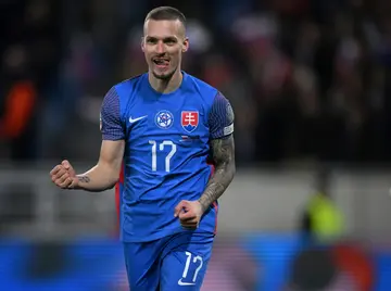 Slovakia forward Lukas Haraslin celebrates one of his two goals in the win against Iceland that secured qualification for Euro 2024