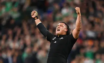 Tamaiti Williams celebrates at the final whistle of the 2023 Rugby World Cup quarter-final match