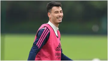 Gabriel Martinelli in action during a training session at London Colney. Photo by Stuart MacFarlane.