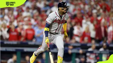 Ronald Acuña Jr. of the Braves reacts during their game against the Philadelphia Phillies at Citizens Bank Park 