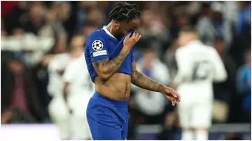 A dejected Raheem Sterling during the UEFA Champions League quarterfinal first leg match between Real Madrid and Chelsea FC at Estadio Santiago Bernabeu. Photo by James Williamson.