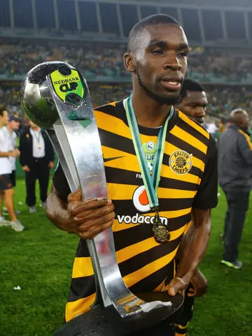 Tefu Mashamaite celebrates Nedbank Cup triumph after the final between SuperSport United and Kaizer Chiefs in 2013. Photo: Anesh Debiky.