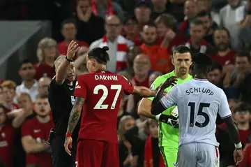 Banned: Liverpool's Darwin Nunez (left) is suspended for three games after a red card on his home debut