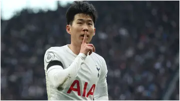 Heung-Min Son celebrates after scoring during the Premier League match between Tottenham Hotspur and West Ham United at Tottenham Hotspur Stadium. Photo by Eddie Keogh.