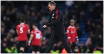 Ralf Rangnick looks dejected following their side's defeat after the Premier League match between Manchester City and Manchester United at Etihad Stadium. Photo by Laurence Griffiths.