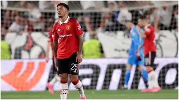 Jadon Sancho looks disappointed during the UEFA Europa League match between Sevilla and Manchester United at the Estadio Ramon Sanchez Pizjuan. Photo by Soccrates.