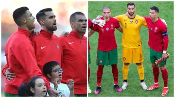 Cristiano Ronaldo stands out from his teammates during Portugal's national anthem. 