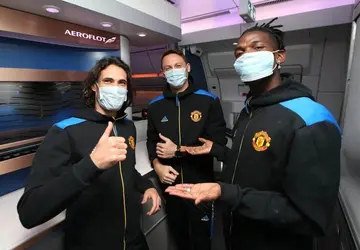 Cavani, Matic and Pogba posed for photos aboard their luxury private jet en route to Bergamo. Photo: The Sun.