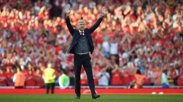 Arsene Wenger says goodbye to the Arsenal fans after 22 years at the helm at the end of the Premier League match between Arsenal and Burnley at Emirates Stadium on May 6, 2018. Photo by Mike Hewitt.