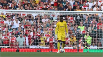 Andre Onana in action during the Premier League match between Arsenal FC and Manchester United at Emirates Stadium. Photo by Matthew Peters.