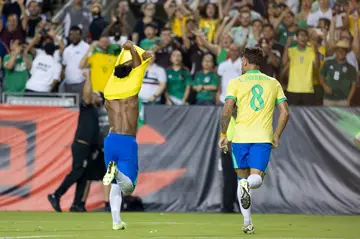 Brazil forward Endrick (left) celebrates his team's winner in a 3-2 victory over Mexico
