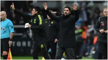 Mikel Arteta reacts during the Premier League match between Newcastle United and Arsenal FC at St. James Park. Photo by Stuart MacFarlane.