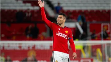 Casemiro waves to the fans after the Carabao Cup Third Round match between Manchester United and Crystal Palace at Old Trafford. Photo by Ash Donelon.