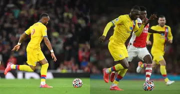 Jordan Ayew and Thomas Partey in the match between Arsenal and Crystal Palace. SOURCE: Twitter/ @CPFC