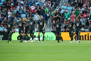 Members of the Major League Soccer All-Stars celebrate a goal by Carlos Vela in a 2-1 victory over the Liga MX squad in the MLS All-Star Game in St. Paul, Minnesota