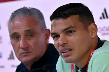 Brazil coach Tite (L) with skipper Thiago Silva at a press conference in Doha on Wednesday