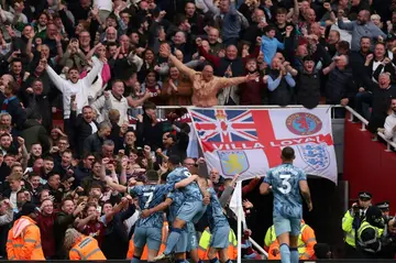 Aston Villa celebrate after scoring their second goal in the 2-0 win at Arsenal