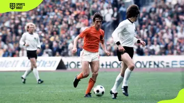 Johan Cruyff and Franz Beckenbauer in action during the 1974 World Cup final