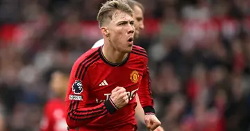 Rasmus Hojlund celebrates after scoring his fourth goal in four consecutive games for Manchester United.