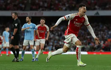 Arsenal's Gabriel Martinelli celebrates after scoring against Manchester City