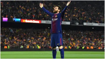 Lionel Messi celebrates after scoring during the La Liga match between Barcelona and Real Madrid at Camp Nou. Photo by David Ramos.