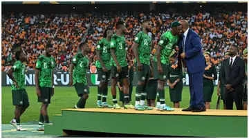 Nigerian players on the podium to receive their silver medals following the Africa Cup of Nations 2023 final loss against Ivory Coast. Photo: Issouf Sanogo.