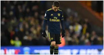 Lucas Torreira looks dejected following the Premier League match between Norwich City and Arsenal FC at Carrow Road. Photo by Harriet Lander.