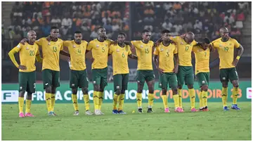South Africa players look on during the penalty shootout agaist DR Congo in the AFCON 2023 third-place playoff. Photo: Sia Kambou.