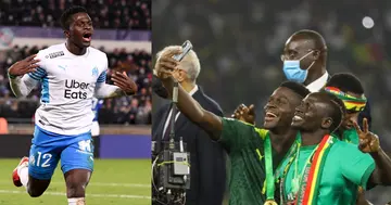 Bamba Dieng and Sadio Mane celebrating AFCON success. Credit: @CAF_Online @OM_English