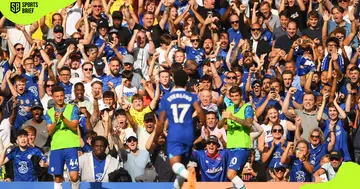Chelsea fans celebrate Raheem Sterling's goal.