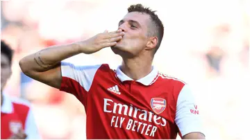 Granit Xhaka waves to his family after the Premier League match between Arsenal FC and Leicester City at Emirates Stadium. Photo by David Price.