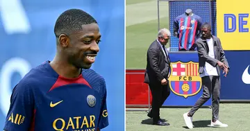 Ousmane Dembele in his new PSG colours on the left, and with Barcelona president, Joan Laporta, on the right.