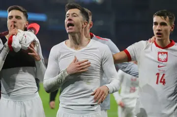 Robert Lewandowski (centre) celebrates Poland's qualification for Euro 2024