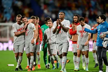 Switzerland celebrate after winning away to Spain in the Nations League