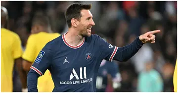 Lionel Messi celebrates his score during the French L1 football match between Paris Saint-Germain (PSG) and RC Lens at Parc des Princes. Photo by Mustafa Yalcin.